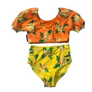 Ocean Gear Girls Orange Yellow Tropical Floral Puff Sleeve Bikini Set Size 6-6X